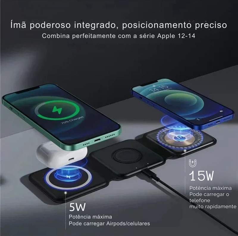 Carregador por indução Dobrável 3 em 1 para IPhone, Apple Watch e Airpods-TrendyTech